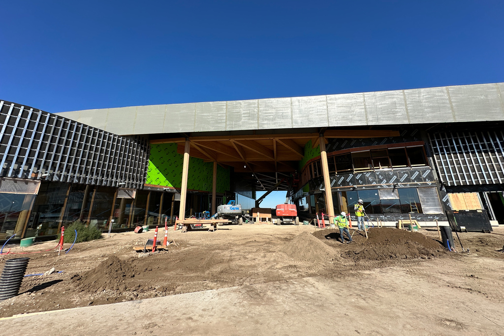 The Theodore Roosevelt Presidential Library is shown under construction Tuesday, Oct. 7, 2025, near Medora, N.D. (AP Photo/Jack Dura)