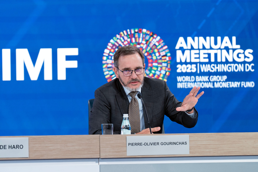 Economic Counsellor and Director, Research Department, IMF Pierre-Olivier Gourinchas speaks at a news conference during the World Bank/IMF Annual Meetings at the International Monetary Fund (IMF) headquarters in Washington, Tuesday, Oct. 14, 2025. (AP Photo/Jose Luis Magana)