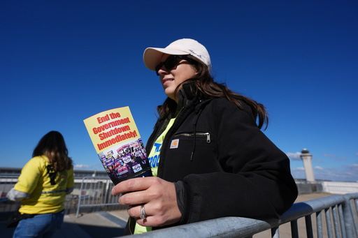 Air Traffic Controller Claudia Peterfeso distributes leaflets explaining how the federal government shutdown is impacting air travel at Detroit Metropolitan Wayne County Airport Tuesday, Oct. 28, 2025, in Romulus, Mich. (AP Photo/Paul Sancya) Air Traffic Controller Claudia Peterfeso distributes leaflets explaining how the federal government shutdown is impacting air travel at Detroit Metropolitan Wayne County Airport Tuesday, Oct. 28, 2025, in Romulus, Mich. (AP Photo/Paul Sancya)