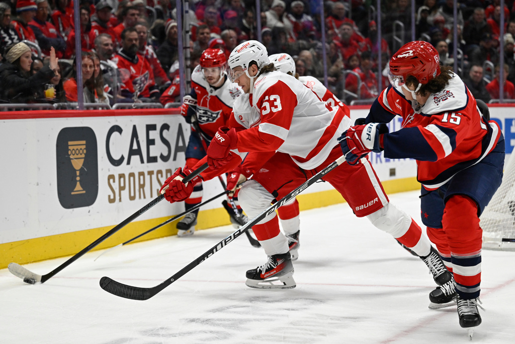 Detroit Red Wings defenseman Moritz Seider (53) gathers the puck near the net against Washington Capitals left wing Sonny Milano during the first period of an NHL hockey game,Saturday, Dec. 20, 2025, in Washington. (AP Photo/John McDonnell)