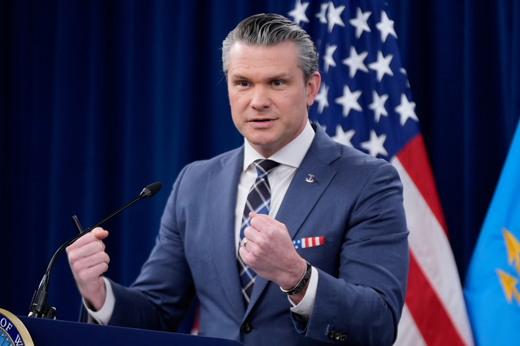 Defense Secretary Pete Hegseth speaks to members of the media during a press briefing at the Pentagon in Washington, Thursday, March 19, 2026. (AP Photo/Manuel Balce Ceneta)