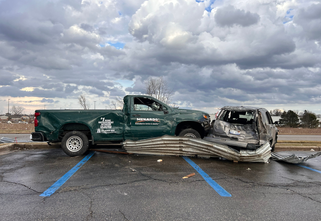 Damage is seen outside Menard's store after a severe storm in Three Rivers, Mich., Friday, March 6, 2026. (Devin Anderson-Torrez/MLive via AP)