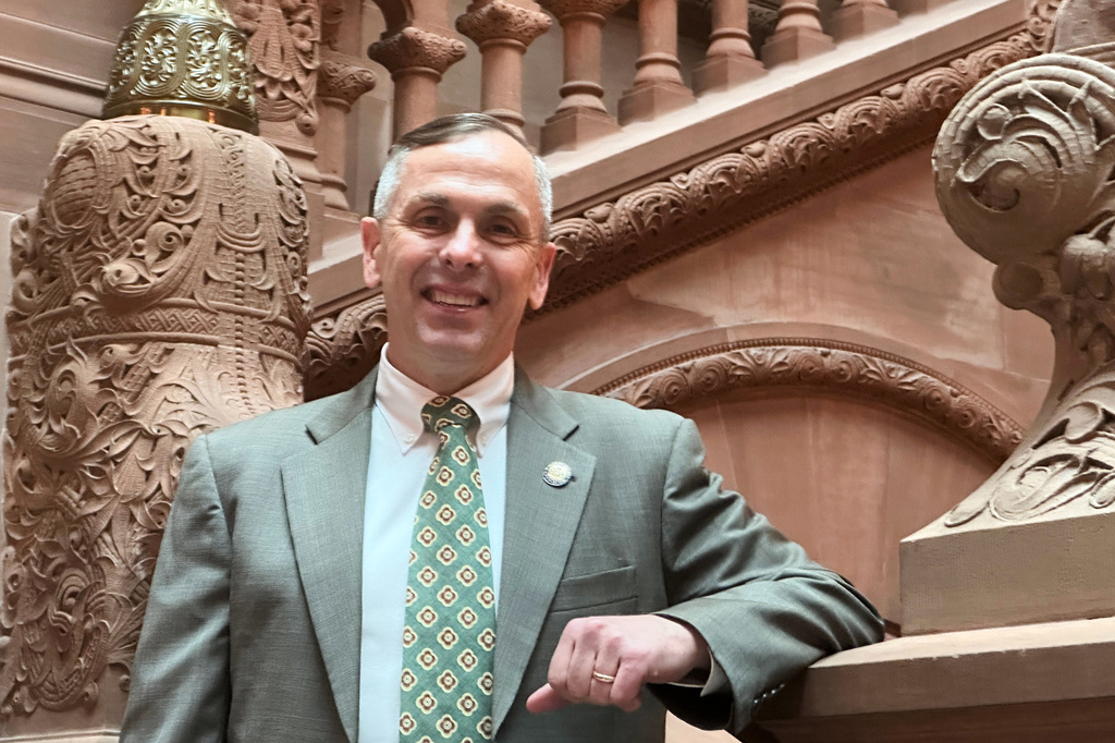 New York Assembly member Robert Smullen stands for a photo at the New York Capitol building in Albany, New York, Monday, April 13, 2026. (AP Photo/Michael Hill)