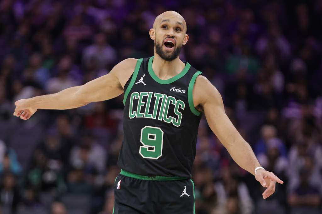 Boston Celtics guard Derrick White reacts after not getting a foul call against the Sacramento Kings during the first half of an NBA basketball game Thursday, Jan. 1, 2026, in Sacramento, Calif. (AP Photo/Scott Marshall)