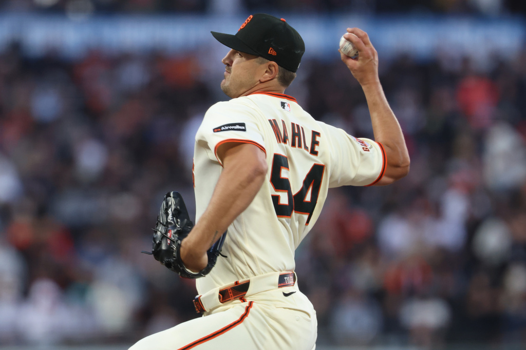 San Francisco Giants pitcher Tyler Mahle throws against the Milwaukee Brewers during the sixth inning of a baseball game in San Francisco, Monday, July 27, 2026. (AP Photo/Jed Jacobsohn)