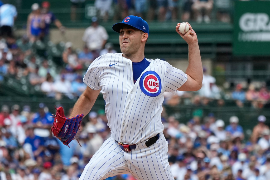 Chicago Cubs starting pitcher Matthew Boyd throws against the Minnesota Twins during the first inning of a baseball game in Chicago, Saturday, July 18, 2026. (AP Photo/Nam Y. Huh)