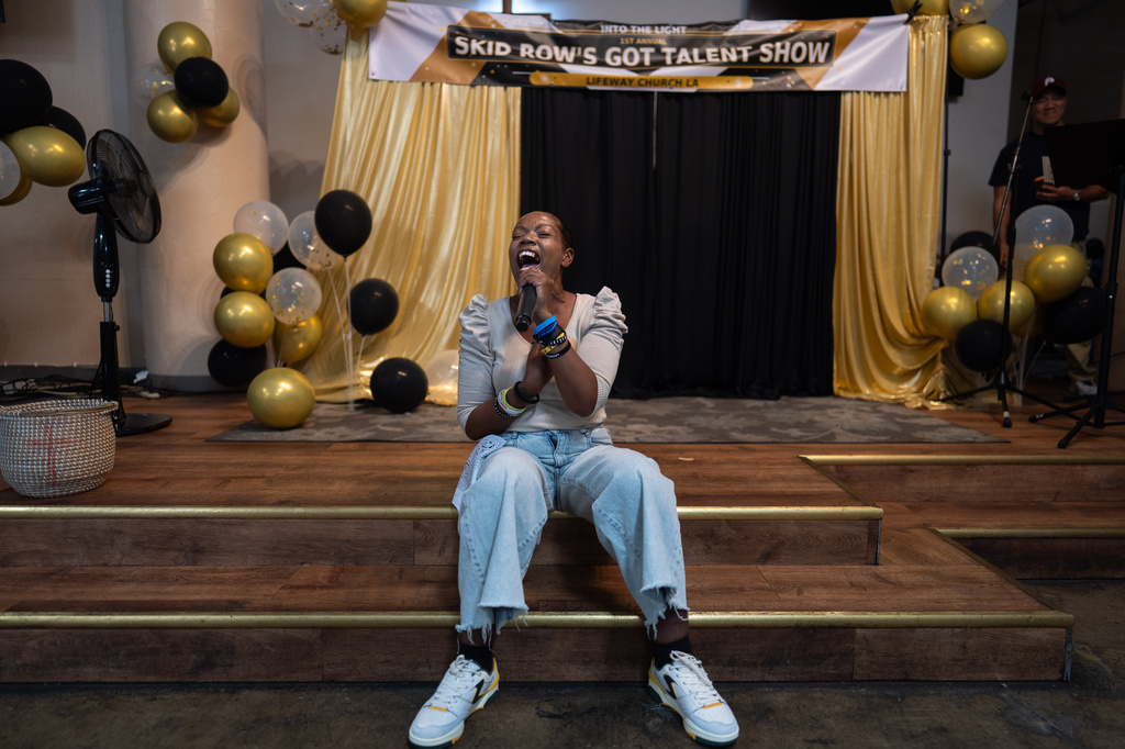 A contestant who goes by the nickname Lil Bit performs during Skid Row's inaugural talent show in downtown Los Angeles, Saturday, Sept. 19, 2026. (AP Photo/Jae C. Hong)