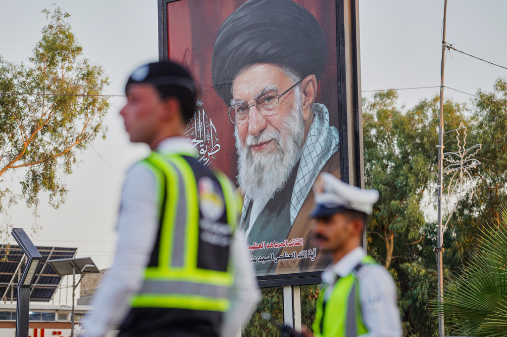 Posters of Khamenei are displayed along the main streets ahead of the funeral ceremony for Iran's former leader Ali Khamenei, who was killed in the U.S.-Israeli attacks in Najaf, Iraq, Tuesday, July 7, 2026. (AP Photo/Anmar Khalil)