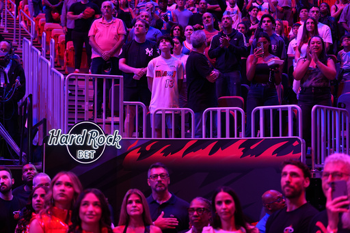 A logo promoting Hard Rock Bet, a sports betting app, is displayed on fan seating during the first half of an NBA basketball game between the Miami Heat and the New York Knicks, Sunday, Oct. 26, 2025, in Miami. (AP Photo/Rebecca Blackwell) A logo promoting Hard Rock Bet, a sports betting app, is displayed on fan seating during the first half of an NBA basketball game between the Miami Heat and the New York Knicks, Sunday, Oct. 26, 2025, in Miami. (AP Photo/Rebecca Blackwell)