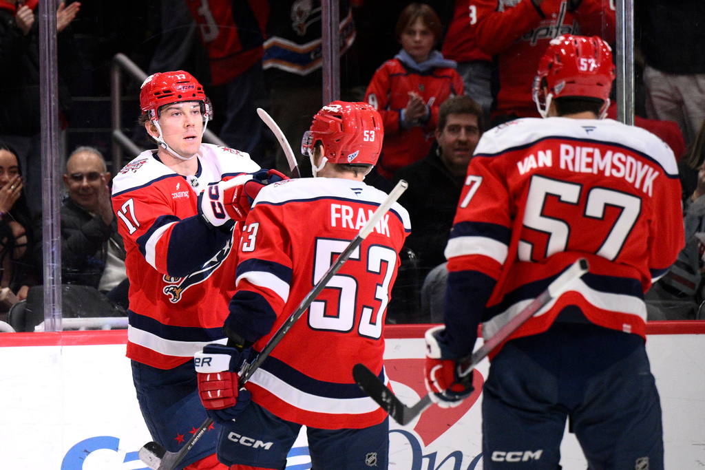 Washington Capitals center Dylan Strome (17) celebrates his goal with center Ethen Frank (53) and defenseman Trevor van Riemsdyk (57) during the first period of an NHL hockey game against the Chicago Blackhawks, Saturday, Jan. 3, 2026, in Washington. (AP Photo/Nick Wass)
