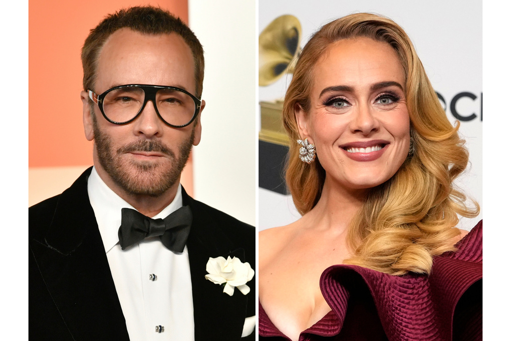 This combination of images shows Tom Ford at the Vanity Fair Oscar Party in Beverly Hills, Calif., on March 2, 2025,, left, and Adele at the 65th annual Grammy Awards in Los Angeles on Feb. 5, 2023. (AP Photo)