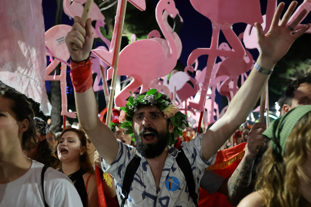 Protesters take part in a rally against plans for a luxury construction project linked to U.S. President Donald Trump's son-in-law, Jared Kushner, in Tirana, Albania, Saturday, July 4, 2026.(AP Photo/Hameraldi Agolli)
