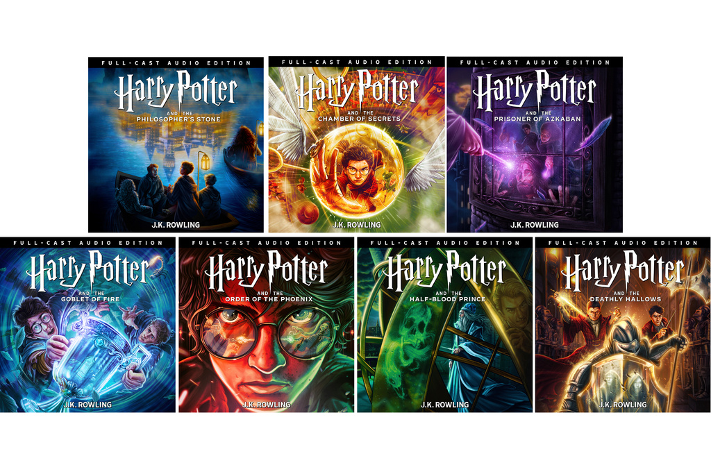 This combination of images shows cover art for the Audible Harry Potter series, top row from left, "Harry Potter and the Philosopher's Stone," "Harry Potter and the Chamber of Secrets," "Harry Potter and the Prisoner of Azkaban," bottom row from left, "Harry Potter and the Goblet of Fire," "Harry Potter and the Order of the Phoenix," "Harry Potter and the Half-Blood Prince," and "Harry Potter and the Deathly Hallows." (Audible.com)