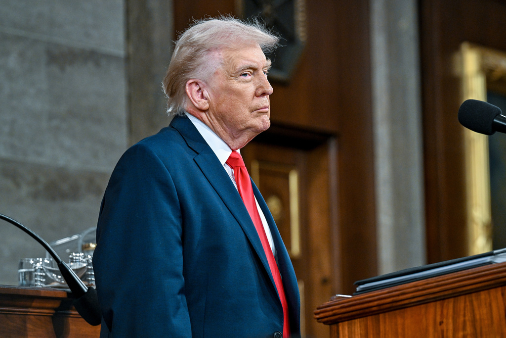 President Donald Trump delivers the State of the Union address to a joint session of Congress in the House chamber at the U.S. Capitol in Washington, Tuesday, Feb. 24, 2026. (Kenny Holston/The New York Times via AP, Pool)