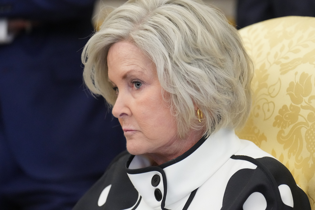 White House Chief of Staff Susie Wiles listens as President Donald Trump speaks and announces action to help farmers and ranchers, Friday, Sept. 4, 2026, in the Oval Office of the White House, in Washington. (AP Photo/Jacquelyn Martin)