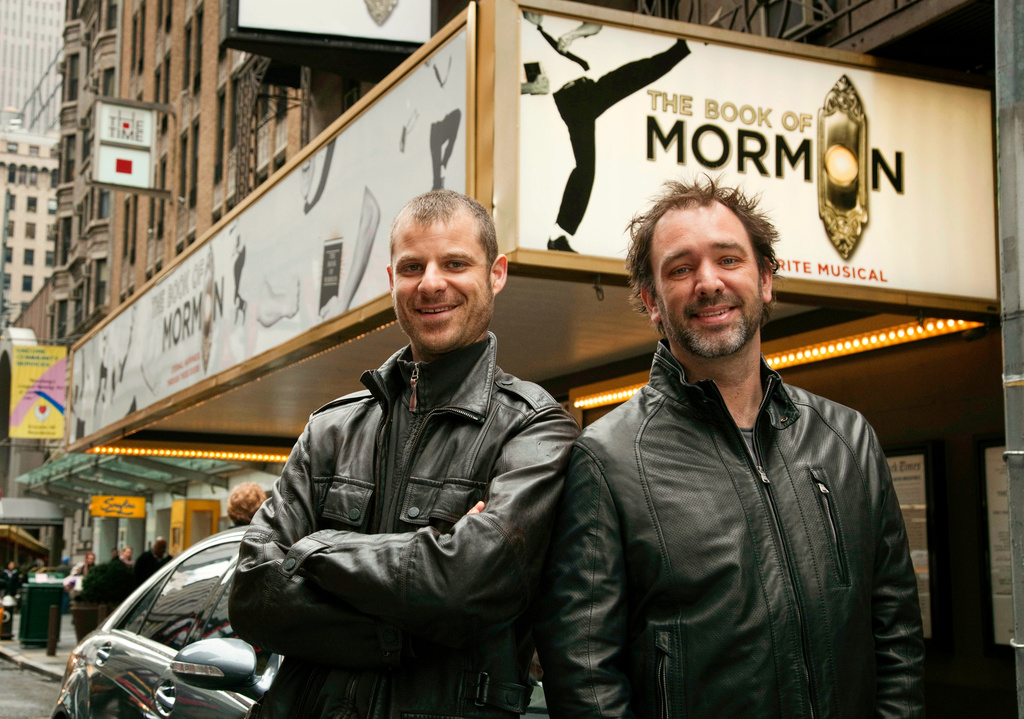 FILE - Trey Parker, right, and Matt Stone, co-creators of the Broadway show "The Book of Mormon," pose for a portrait outside the Eugene O'Neill Theatre in New York on March 16, 2011. (AP Photo/Victoria Will, File)