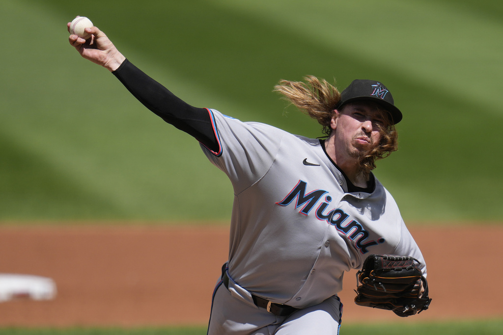 Miami Marlins starting pitcher Lake Bachar throws to the Washington Nationals during the second inning of a baseball game at Nationals Park, Monday, Sept. 1, 2025, in Washington. (AP Photo/Jess Rapfogel)