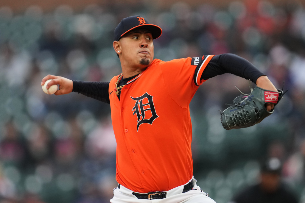 Detroit Tigers pitcher Keider Montero throws against the Miami Marlins during the first inning of a baseball game Friday, April 10, 2026, in Detroit. (AP Photo/Paul Sancya)
