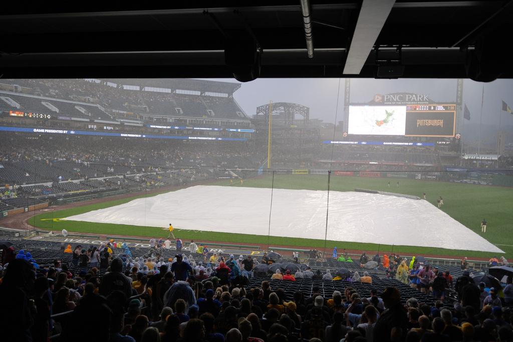 The field at PNC Park is covered during a rain storm at a baseball game between the Pittsburgh Pirates and the New York Mets in Pittsburgh, Friday, Aug. 7, 2026. (AP Photo/Gene J. Puskar)