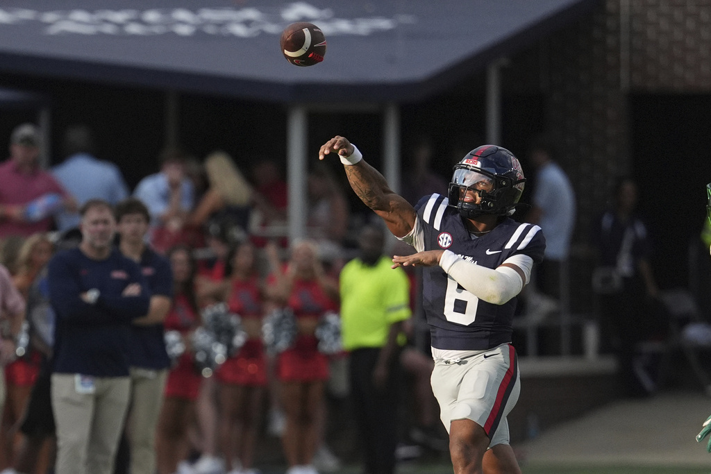 Mississippi quarterback Trinidad Chambliss (6) passes against Tulane during the second half of an NCAA college football game in Oxford, Miss., Saturday, Sept. 20, 2025. (AP Photo/Rogelio V. Solis)