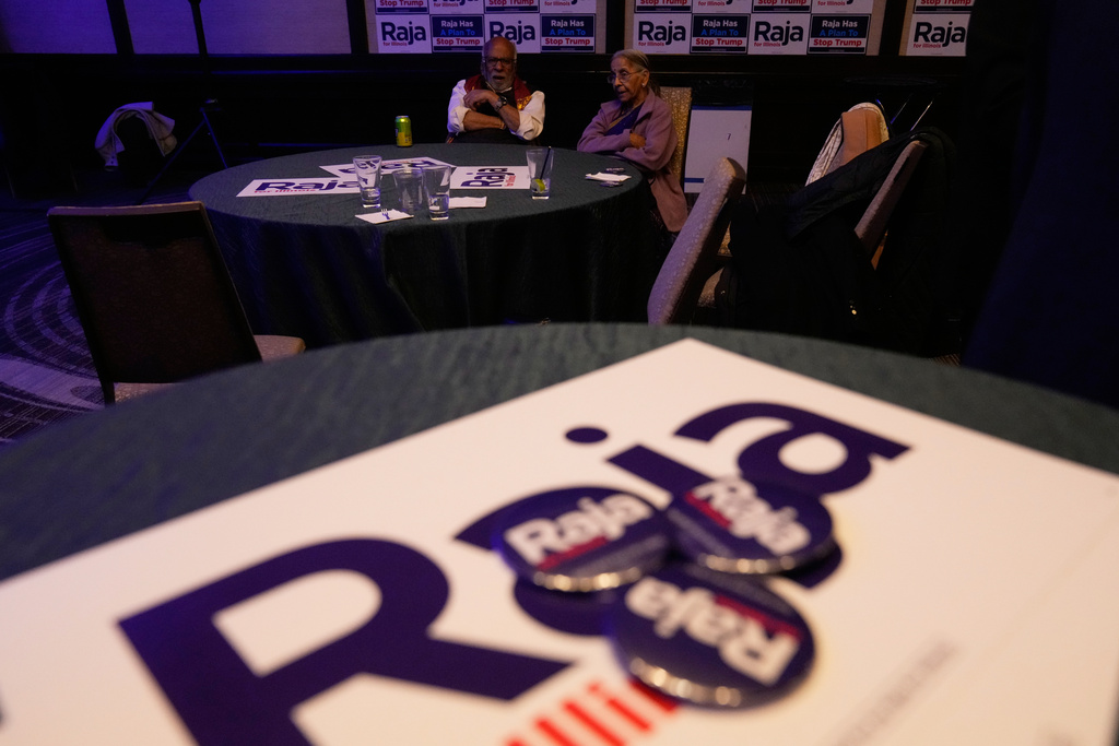 Supporters of U.S. Rep. Raja Krishnamoorthi, D-Ill, react during an election night watch party after he lost the Democratic primary for U.S. Senate Tuesday, March 17, 2026, in Chicago. (AP Photo/Nam Y. Huh)