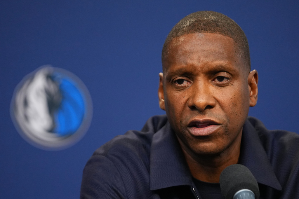 Mavericks President Masai Ujiri speaks to reporters during a news conference addressing the departure of the NBA basketball team's head coach Jason Kidd, Wednesday, May 20, 2026, in Dallas. (AP Photo/Julio Cortez)