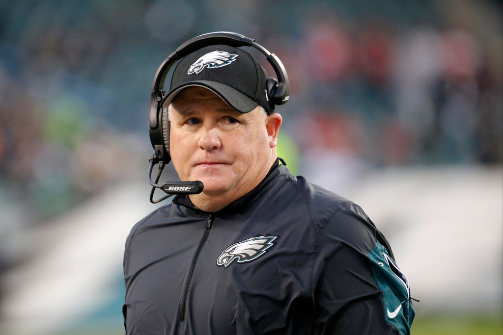 FILE - Philadelphia Eagles head coach Chip Kelly walks the sidelines during the second half of an NFL football game against the Tampa Bay Buccaneers, Sunday, Nov. 22, 2015, in Philadelphia. (AP Photo/Julio Cortez, File)