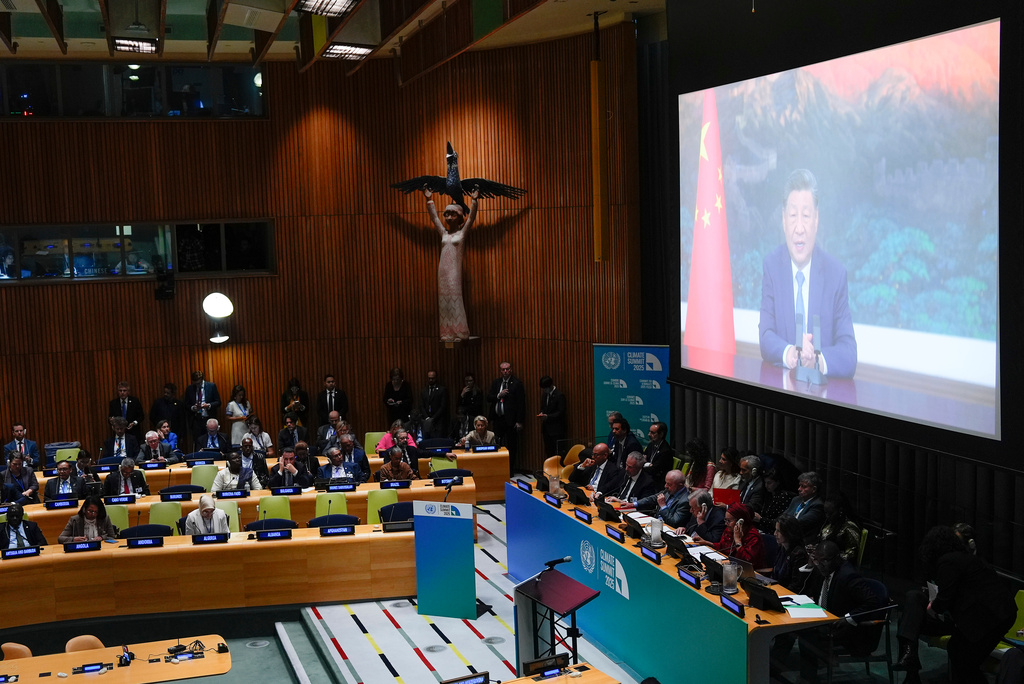 Chinese President Xi Jinping addresses virtually a climate summit, Wednesday, Sept. 24, 2025, at U.N. headquarters. (AP Photo/Yuki Iwamura)