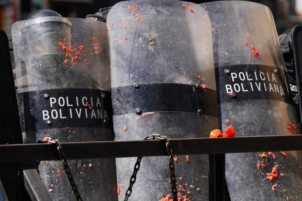 FILE - Police shield themselves from teachers throwing tomatoes at them near the government palace where they have gathered for a protest demanding a pay raise in La Paz, Bolivia, May 6, 2026. (AP Photo/Juan Karita, File)