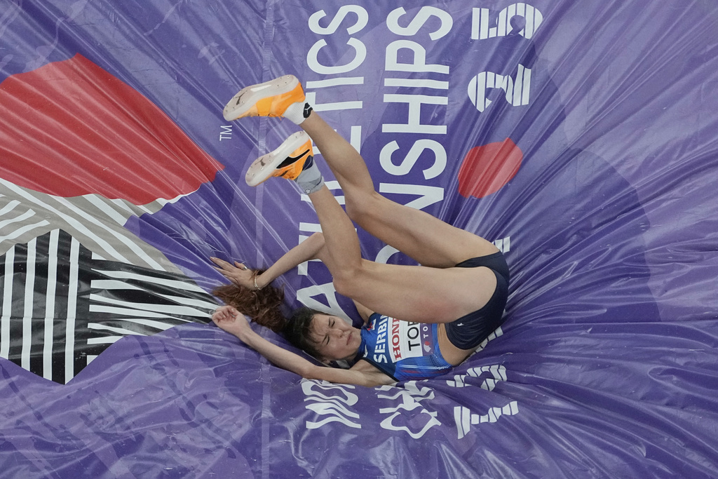 Serbia's Angelina Topic competes in the women's high jump qualification at the World Athletics Championships in Tokyo, Thursday, Sept. 18, 2025. (AP Photo/David J. Phillip)