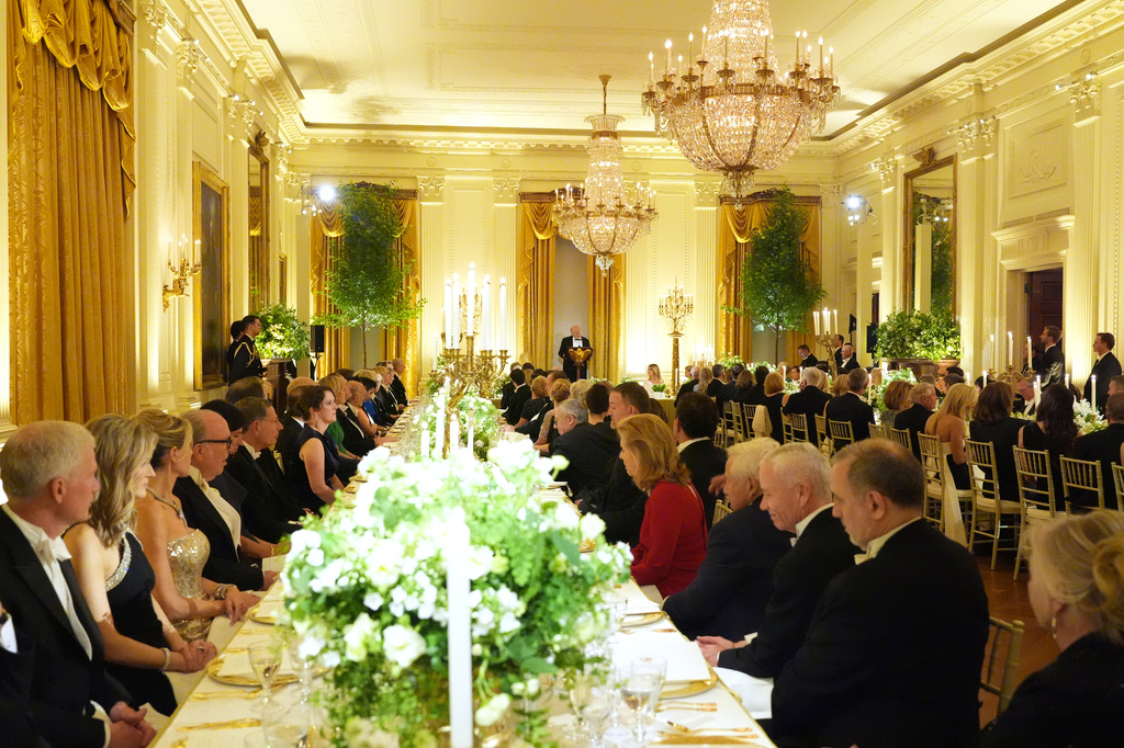 President Donald Trump speaks during a State Dinner with Britain's King Charles III, Queen Camilla and first lady Melania Trump in the East Room of the White House State Dinner Tuesday, April 28, 2026, in Washington. (AP Photo/Alex Brandon)