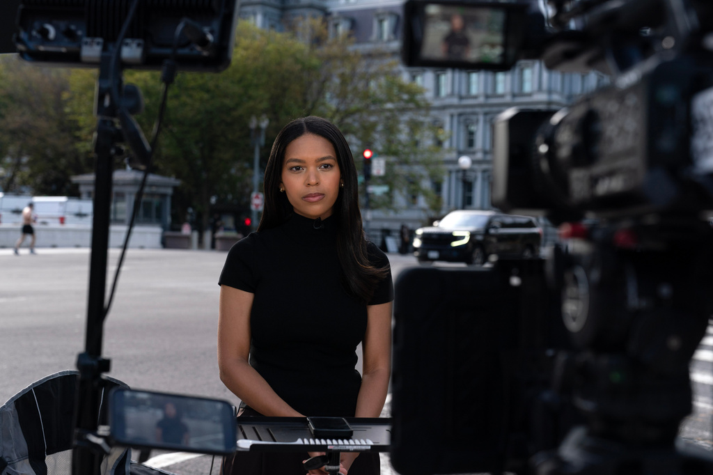 MS NOW White House reporter Akayla Gardner reports near the White House complex after being denied entry following President Donald Trump's ban on CNN, MS NOW and Politico, Saturday, Sept. 19, 2026, in Washington. (AP Photo/Jose Luis Magana)