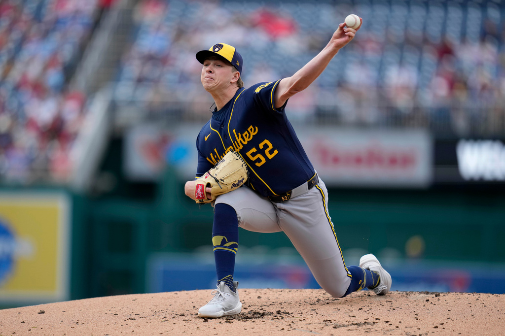 Milwaukee Brewers starting pitcher Kyle Harrison throws to the Washington Nationals during the first inning of a baseball game, Saturday, May 2, 2026, in Washington. (AP Photo/Jess Rapfogel)