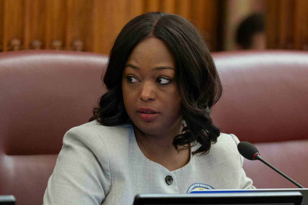 FILE - The D.C. Council member Janeese Lewis George, speaks during the D.C. Council hearing on the Fiscal Year 2027 budget at the Wilson Building, City Hall, June 9, 2026, in Washington. (AP Photo/Jose Luis Magana, File)