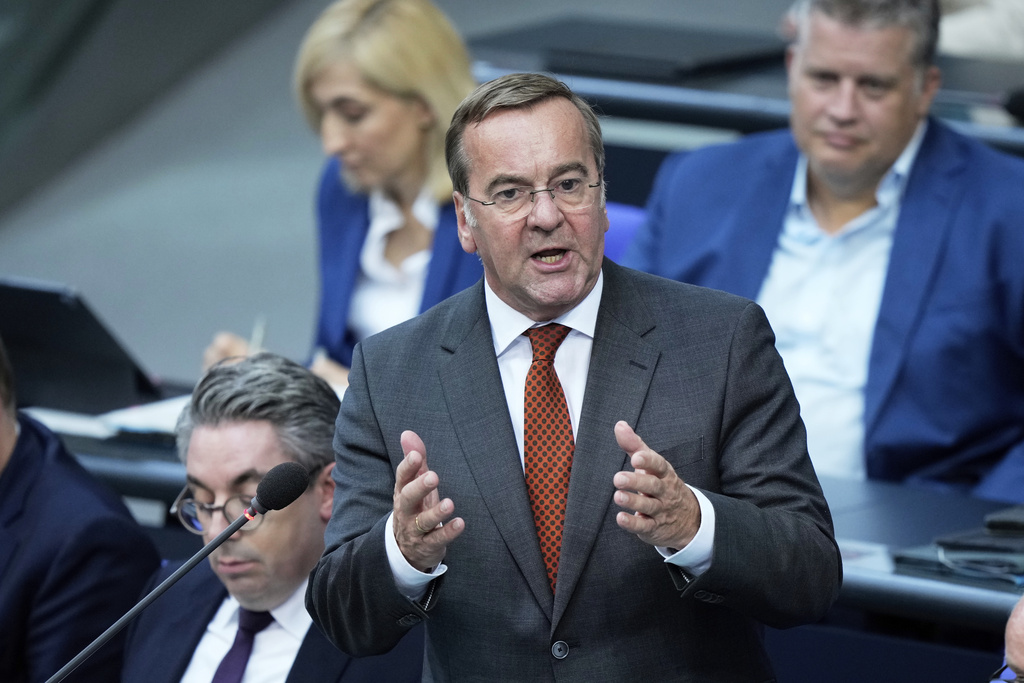 German Defence Minister Boris Pistorius answers questions of lawmakers during a meeting of the German federal parliament, Bundestag, at the Reichstag building in Berlin, Germany, Wednesday, Sept. 10, 2025. (AP Photo/Ebrahim Noroozi)