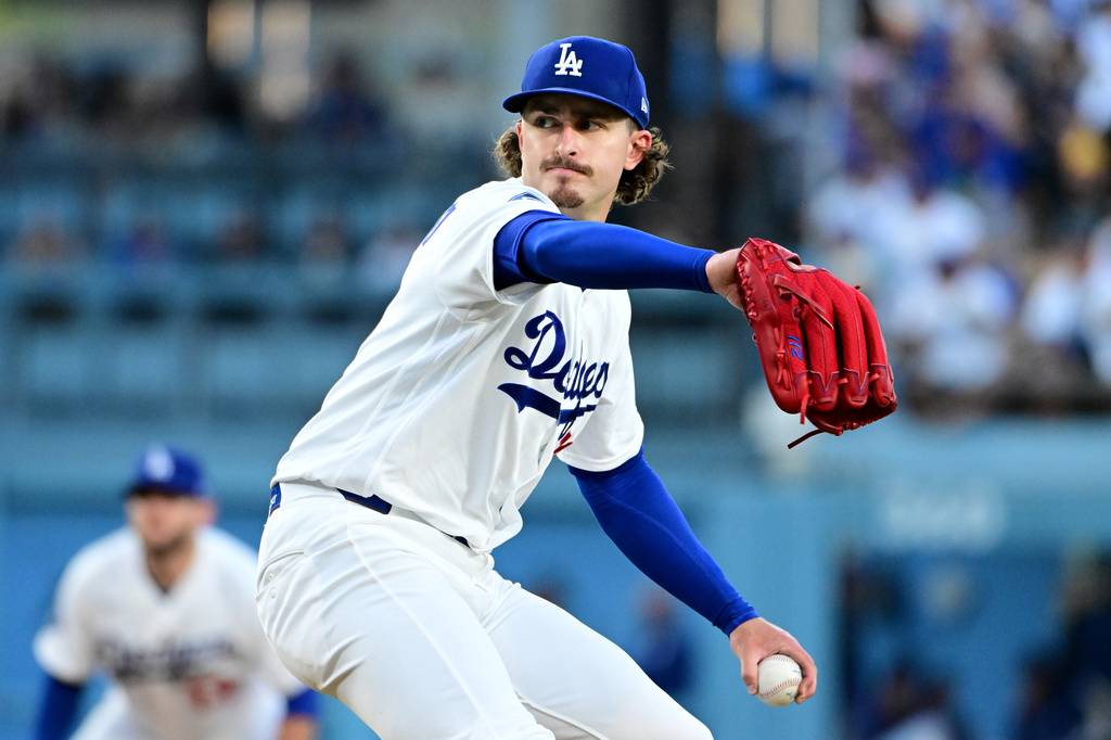 Los Angeles Dodgers starting pitcher Justin Wrobleski (70) throws pitch against the Seattle Mariners during the second inning of a baseball game Tuesday, July 28 2026, in Los Angeles. (AP Photo/Wally Skalij)