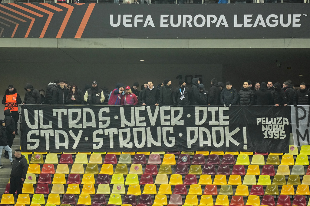 FCSB fans display a banner in memory of the seven Greek PAOK fans killed in a car crash in Romania ahead of the Europa League soccer match between FCSB and Fenerbahce in Bucharest, Thursday, Jan. 29, 2026. (AP Photo/Andreea Alexandru)