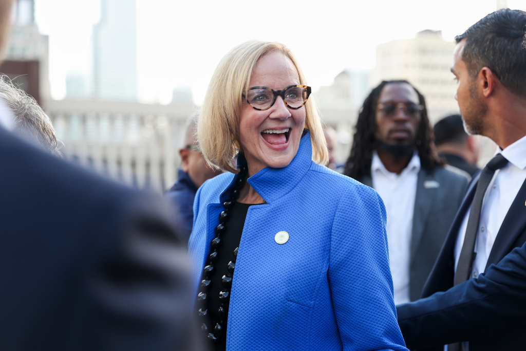 Miami Mayor Eileen Higgins attends a reception following her installation ceremony, Thursday, Dec. 18, 2025, in Miami. (AP Photo/Alexandra Rodriguez)
