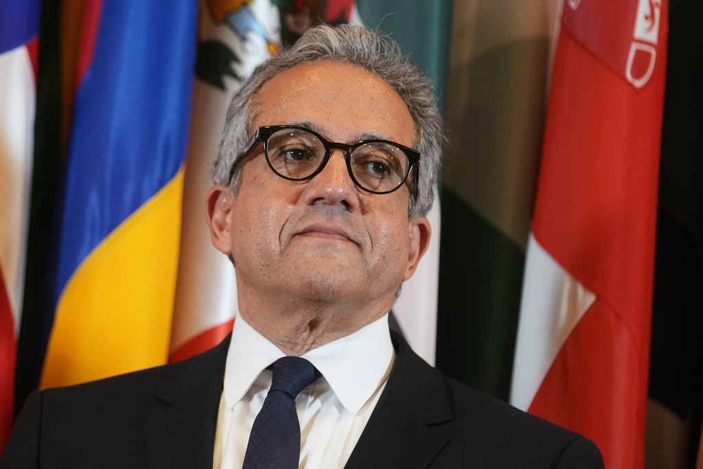 Egypt's Khaled El Enany attends a press conference after being elected Secretary-General by UNESCO executive board members, at the UNESCO headquarters in Paris, Monday, Oct. 6, 2025. (AP Photo/Thibault Camus)