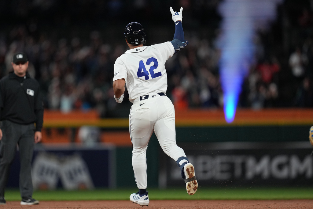 Detroit Tigers' Wenceel Pérez celebrates his home run against the Kansas City Royals during the eighth inning of a baseball game Wednesday, April 15, 2026, in Detroit. (AP Photo/Paul Sancya)