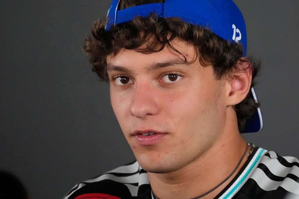Mercedes driver Andrea Kimi Antonelli of Italy talks to media ahead of the Azerbaijan F1 Grand Prix, in Baku, Azerbaijan, Wednesday, Sept. 23, 2026. (AP Photo/Darko Bandic)