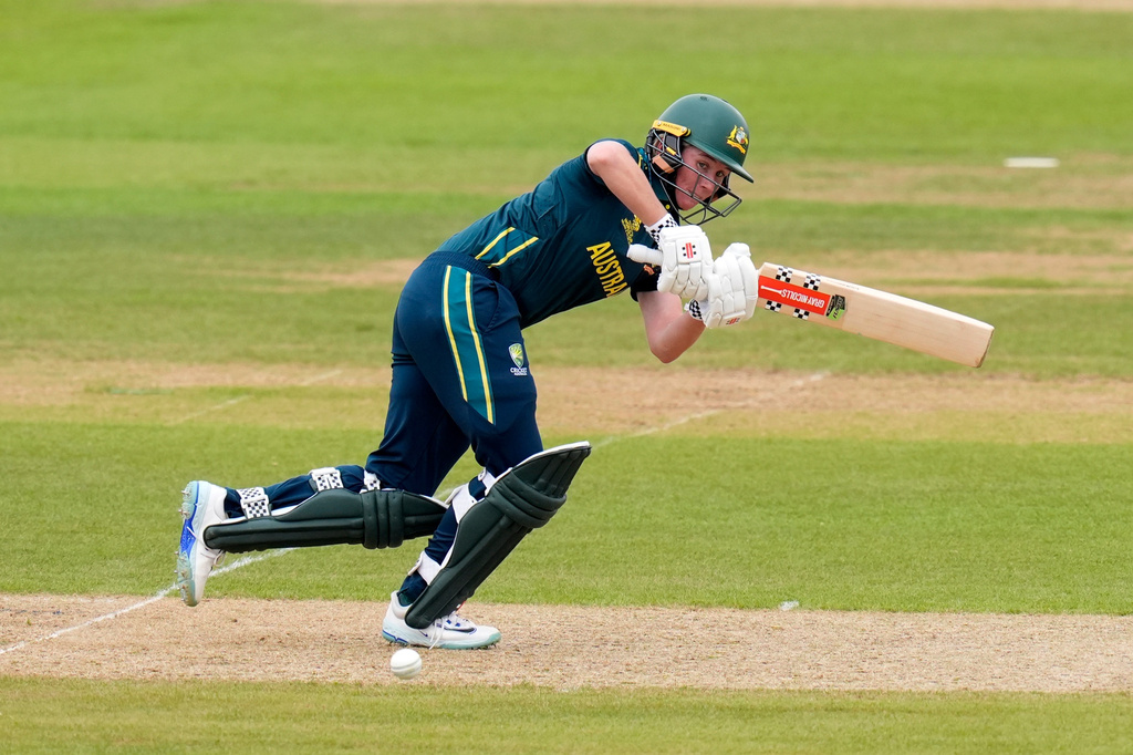 Beth Mooney of Australia bats during the Women's T20 World Cup match between Australia and Netherlands in Southampton, England, Saturday June 20, 2026. (Andrew Matthews/PA via AP)