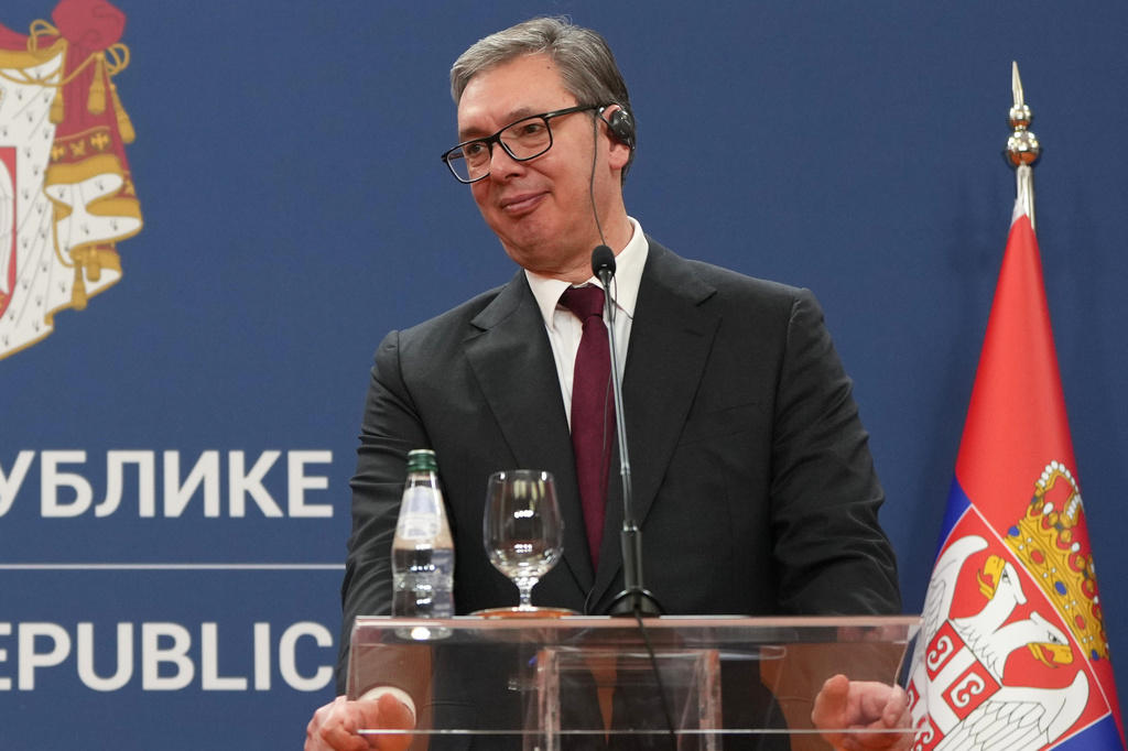 FILE - Serbian President Aleksandar Vucic participates in a press conference in Belgrade, Serbia, Feb. 15, 2026. (AP Photo/Darko Vojinovic, File)