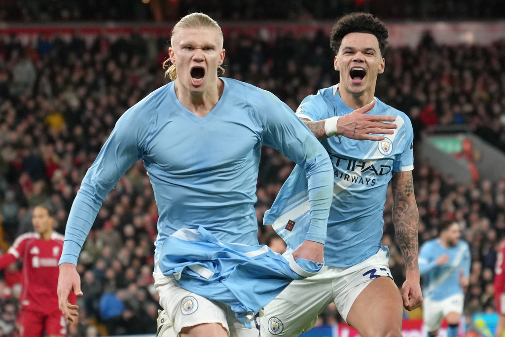 Manchester City's Erling Haaland celebrates after scoring during the English Premier League soccer match between Liverpool and Manchester City in Liverpool, England, Sunday, Feb. 8, 2026. (AP Photo/Jon Super)