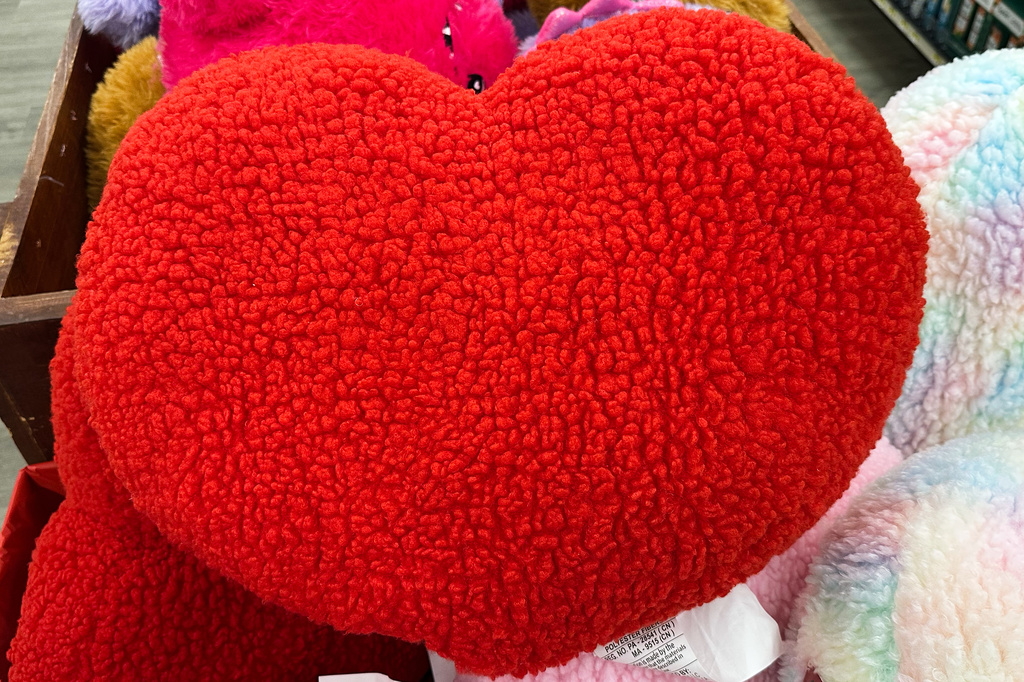 A Valentine heart cushion is seen at a grocery store in Buffalo Grove, Ill., Monday, Feb. 9, 2026. (AP Photo/Nam Y. Huh)