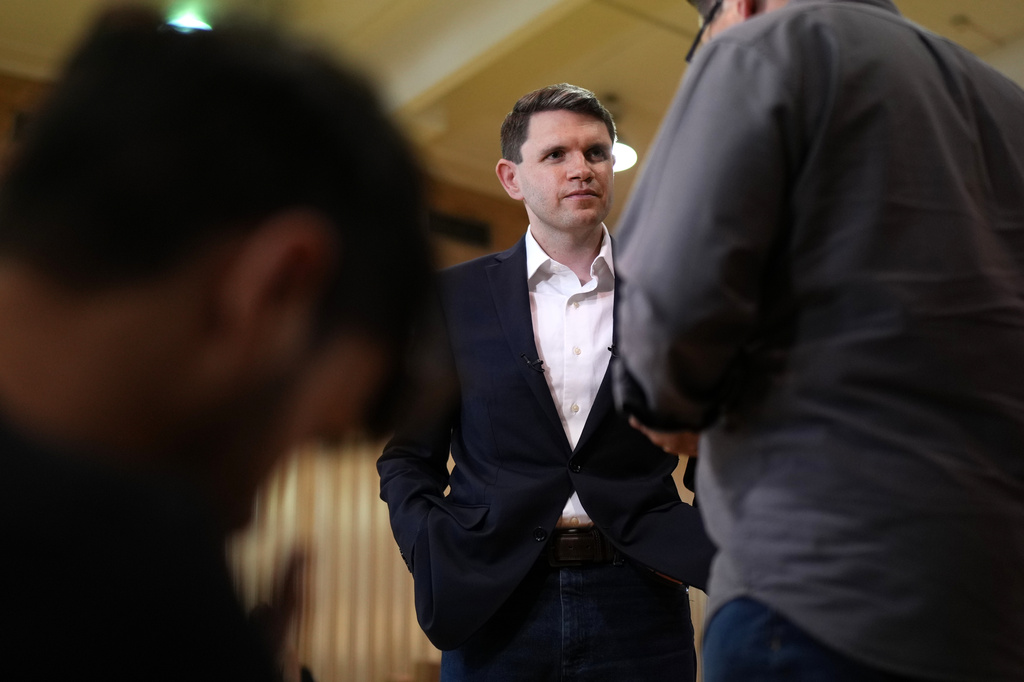 Democratic U.S. Senate candidate Texas state Rep. James Talarico speaks during a television interview at a food drive at the Frederick Douglass Human Services and Justice Center, Wednesday, Sept. 9, 2026, in Dallas. (AP Photo/Julia Demaree Nikhinson)