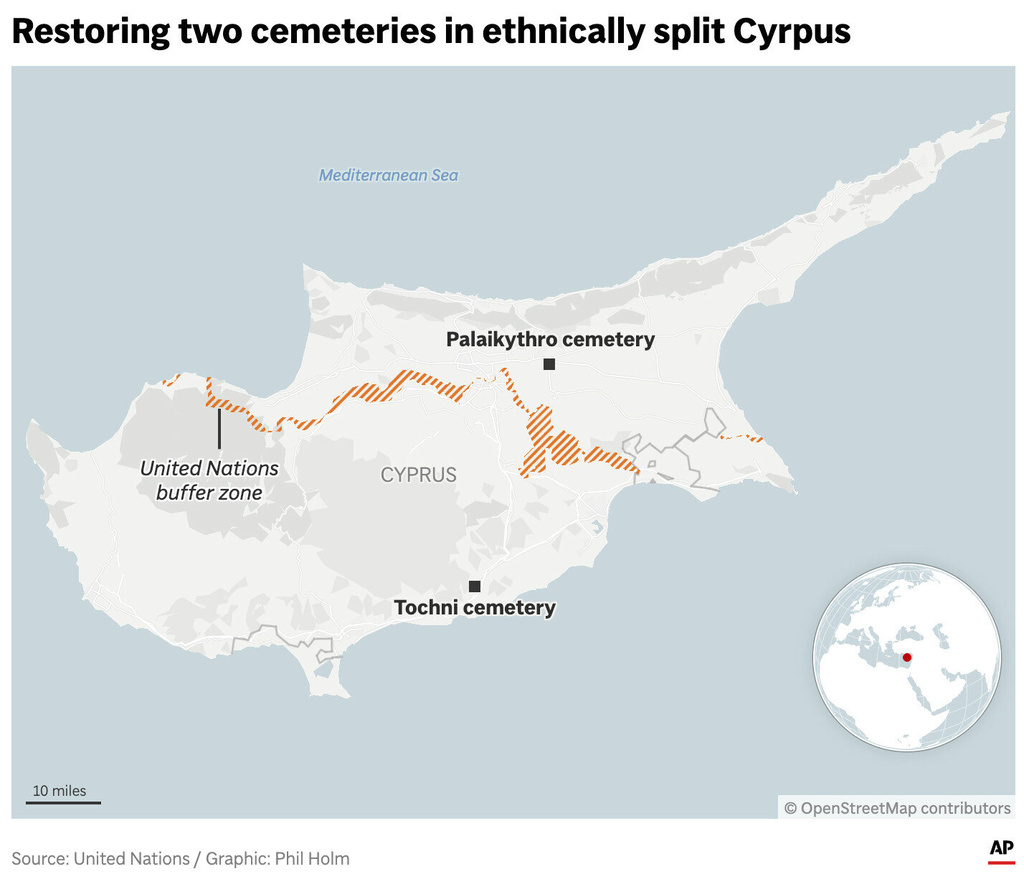 The map above locates the two cemeteries in Cyprus that Greek and Turkish Cypriots are working together to restore in ethnically divided Cyprus. (AP Digital Embed)