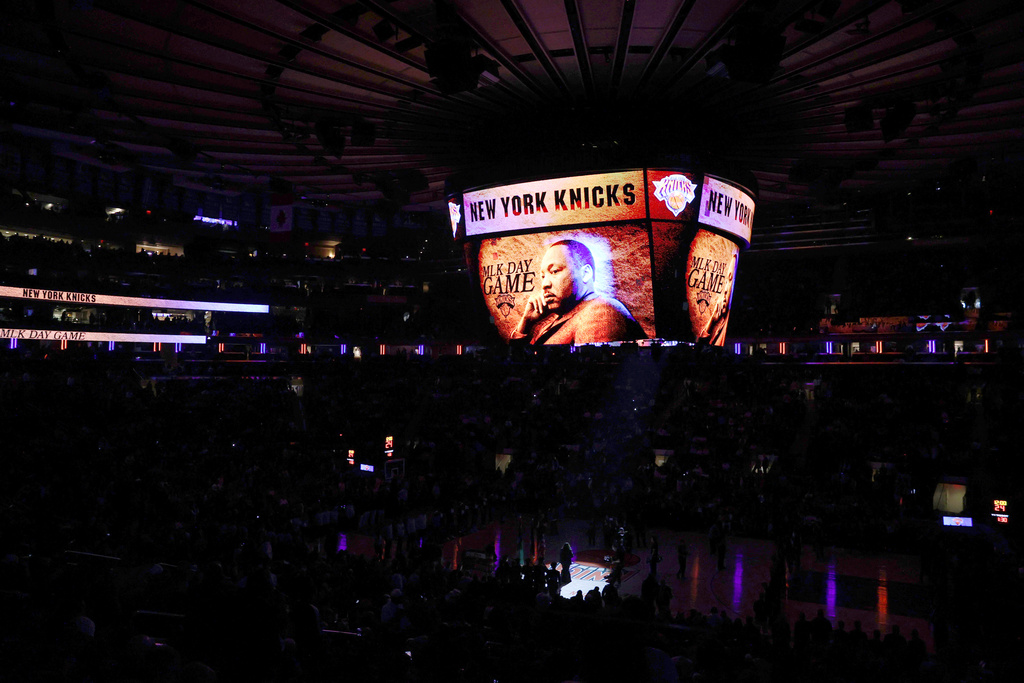 A tribute to Martin Luther King Jr. is displayed on the jumbotron in Madison Square Garden before an NBA basketball game between the Dallas Mavericks and the New York Knicks, Monday, Jan. 19, 2026, in New York. (AP Photo/Pamela Smith)