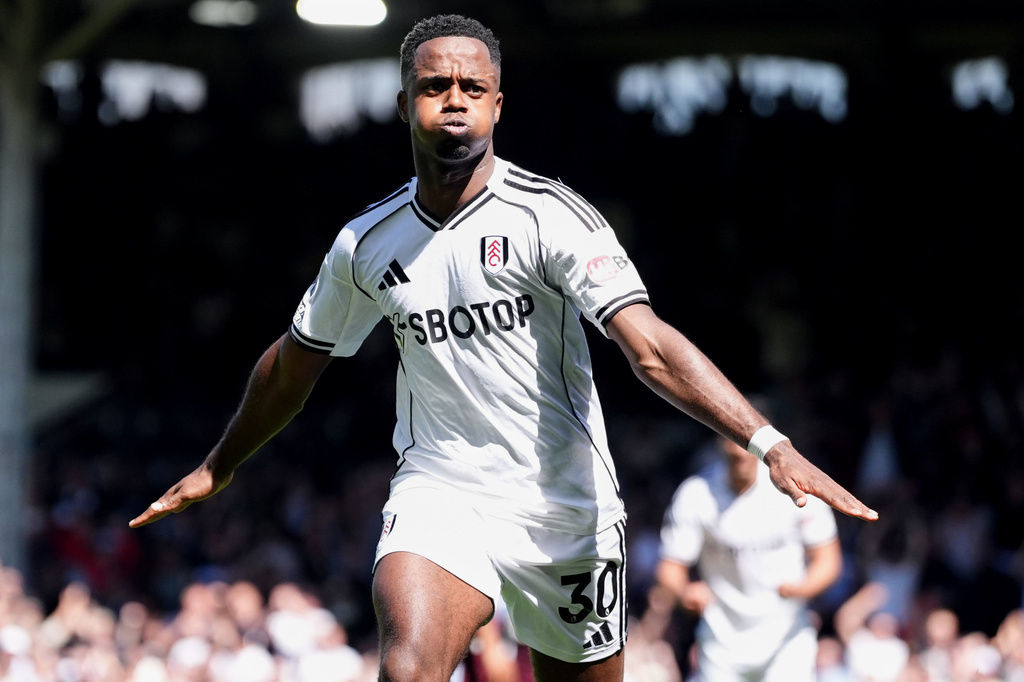 Fulham's Ryan Sessegnon celebrates scoring the opening goal during a Premier League match between Fulham and Aston Villa, in London, Saturday, April 25, 2026. (Ben Whitley/PA via AP)