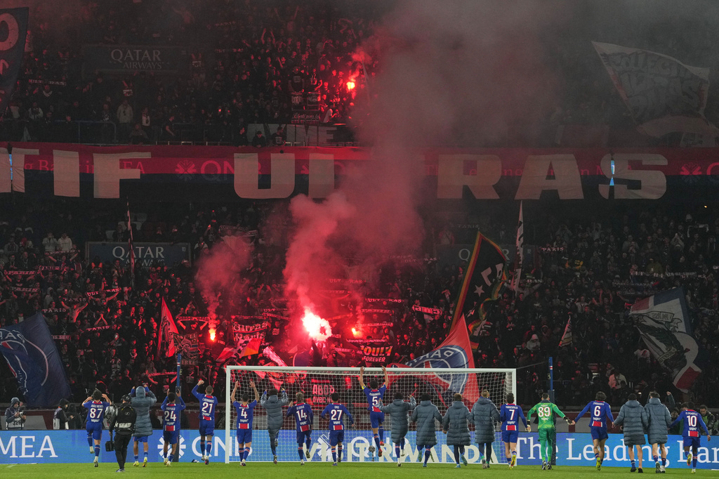 PSG's players greet fans after the French League One soccer match between Paris Saint Germain and Brest in Paris, France, Sunday, May 10, 2026. (AP Photo/Thibault Camus)